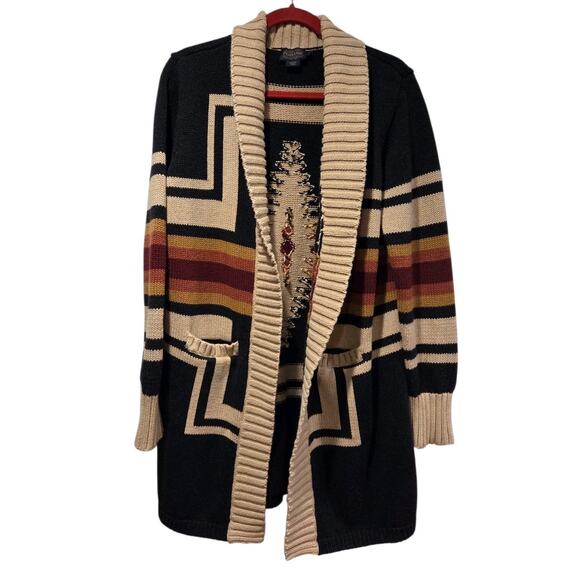 PENDLETON Harding Open Front LONG Cardigan Sweater Aztec Cotton Wool Women's L - Picture 2 of 12